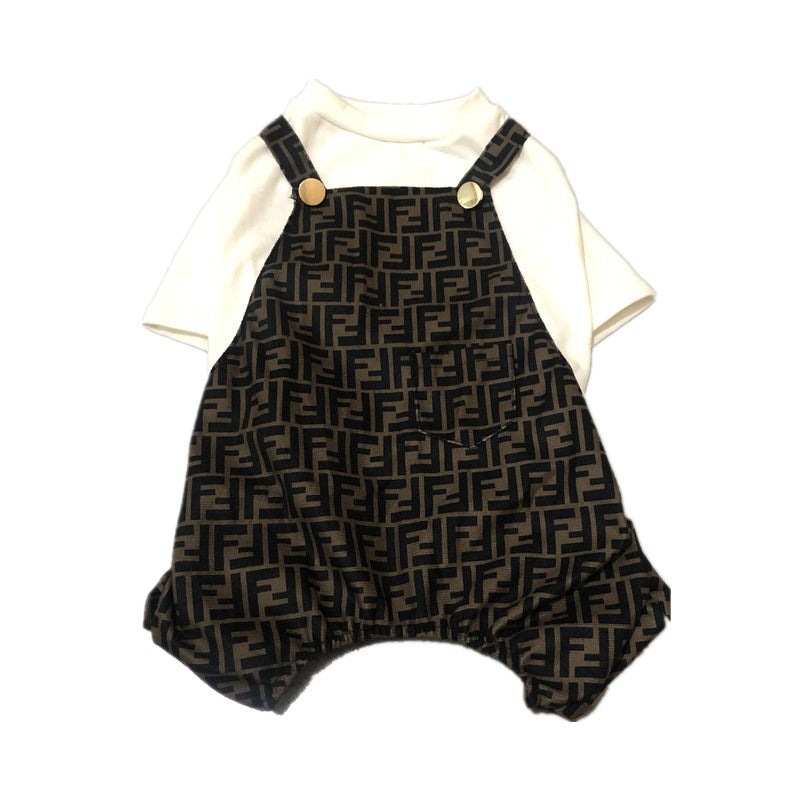Brown FF monogram dog jumpsuit with white tee layered underneath Fendi style