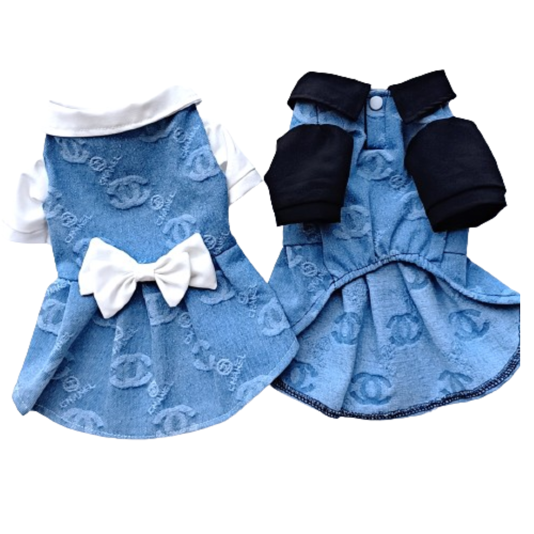 Blue monogram dog dress with black collar and bow tie Chanel style formal wear