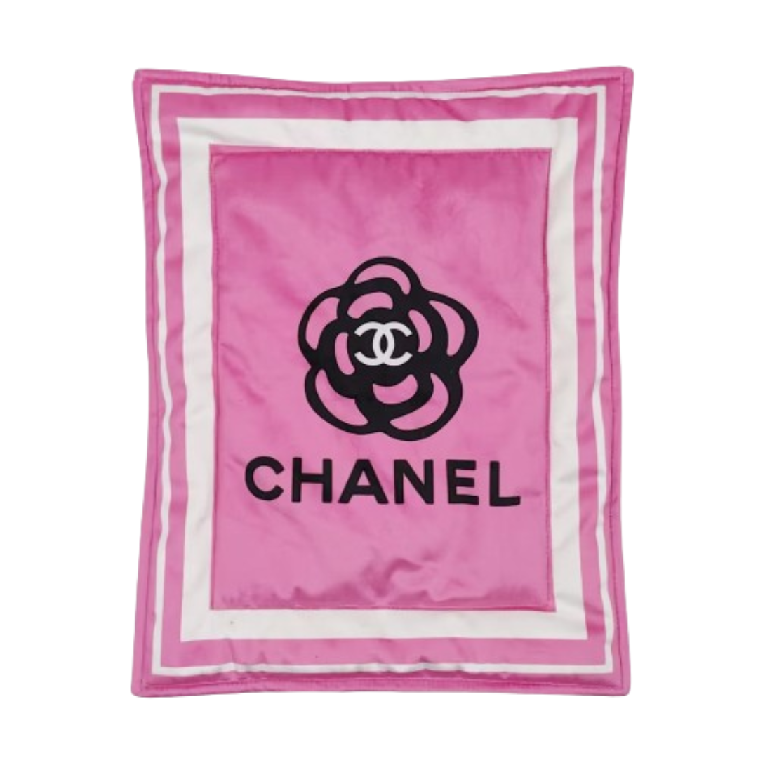 Black Chanel style dog blanket with white logo and text border