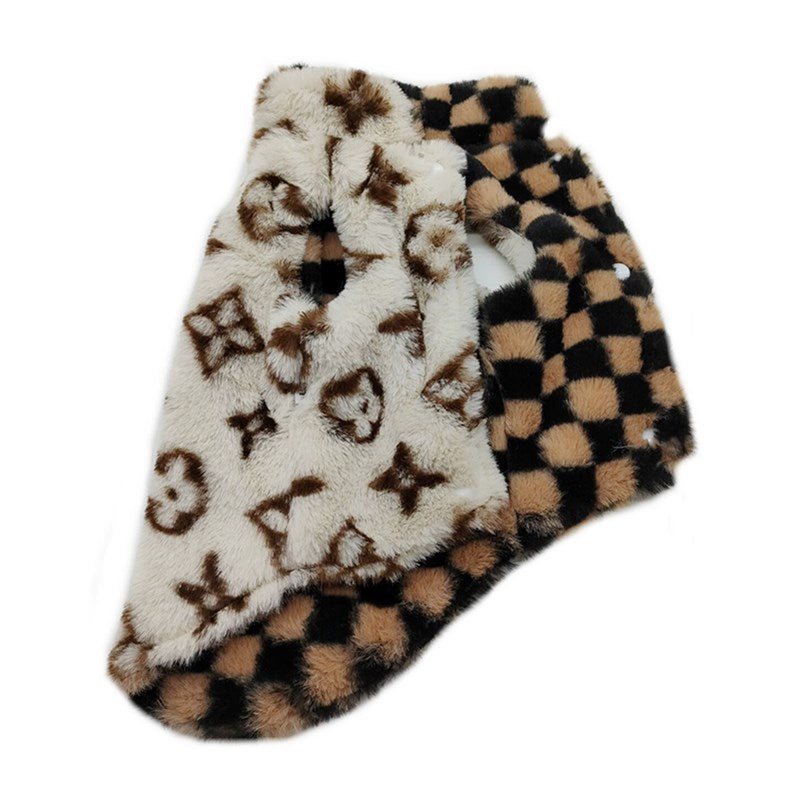 Reversible dog vest showing monogram side and checkered pattern side Louis Vuitton inspired