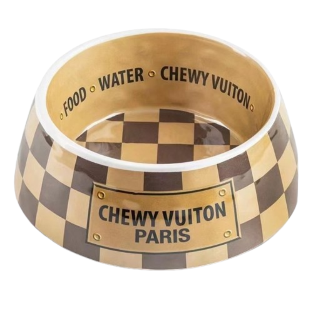 Brown and tan checkered dog bowl with Chewy Vuitton Paris nameplate Louis Vuitton inspired