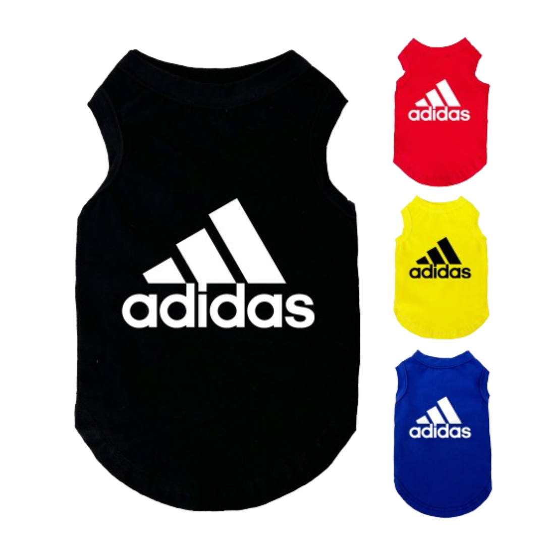 Black athletic dog tank top with Adidas three stripe logo and text