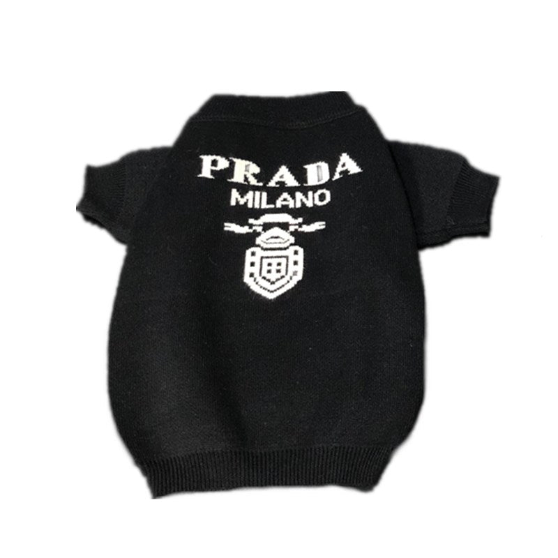 Black knit dog sweater with white Pawda Milano logo and crest on back