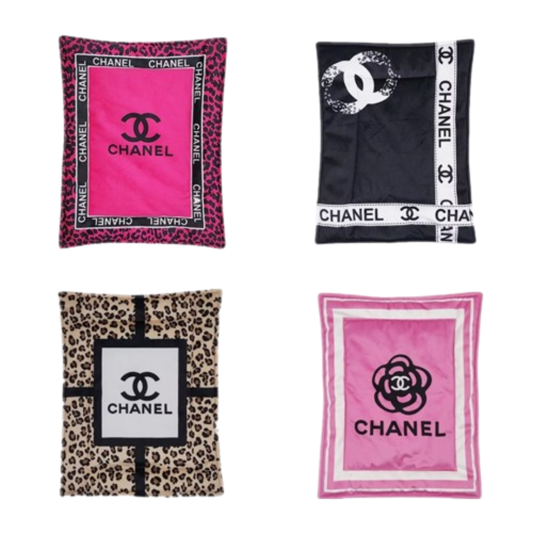 Pink Chanel inspired dog blanket with interlocking logo and border design