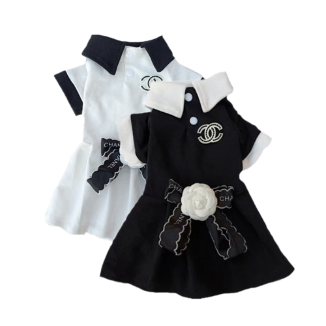 Black and white Chewnel dog dresses with structured collars and logo details inspired by Chanel