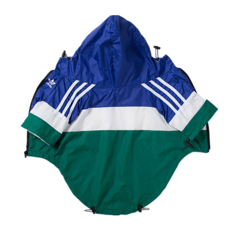 Blue white and green colorblock dog windbreaker Adidas style with adjustable hood