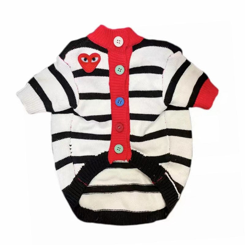 Black and white striped dog cardigan with red heart logo and button front
