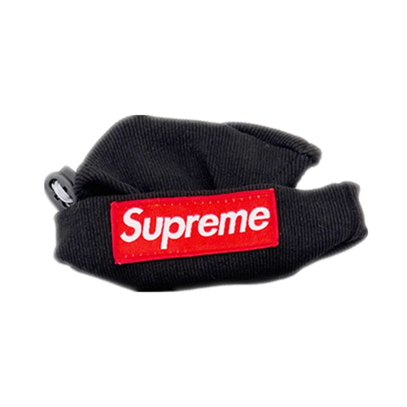 Black knit dog beanie with red Supreme box logo inspired by Supreme streetwear
