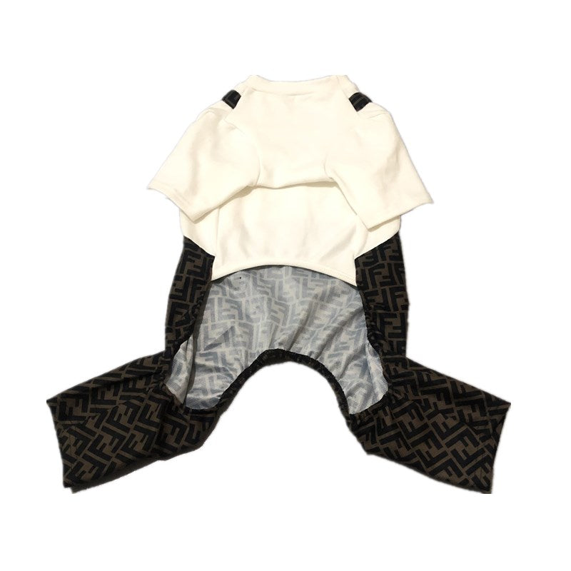 Back view of brown monogram dog jumpsuit showing four-leg coverage and adjustable straps