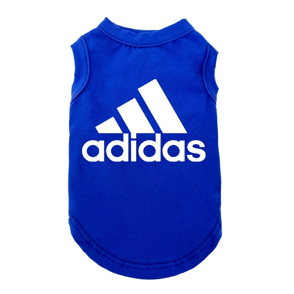 Blue sleeveless dog tank with white Adidas logo athletic design