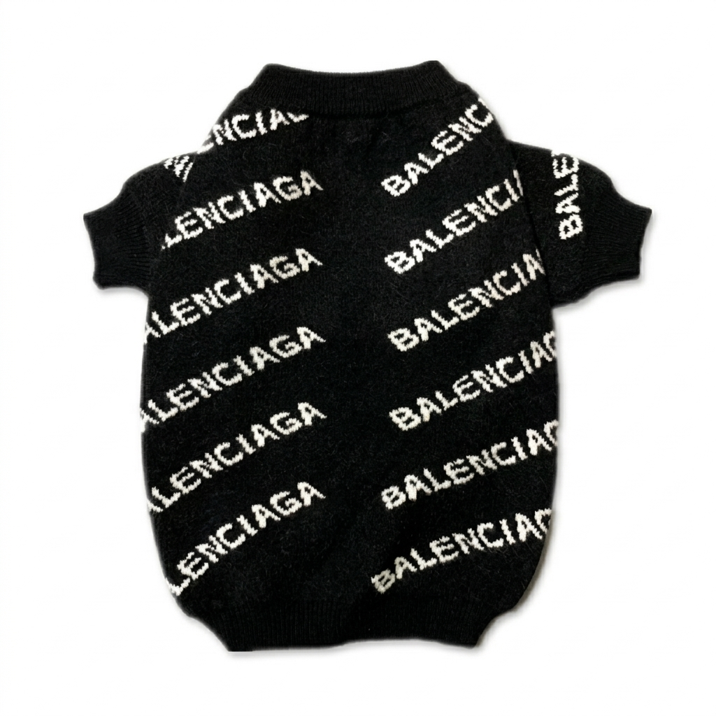Black logo knit dog sweater Balenciaga style with all-over repeat branding pattern