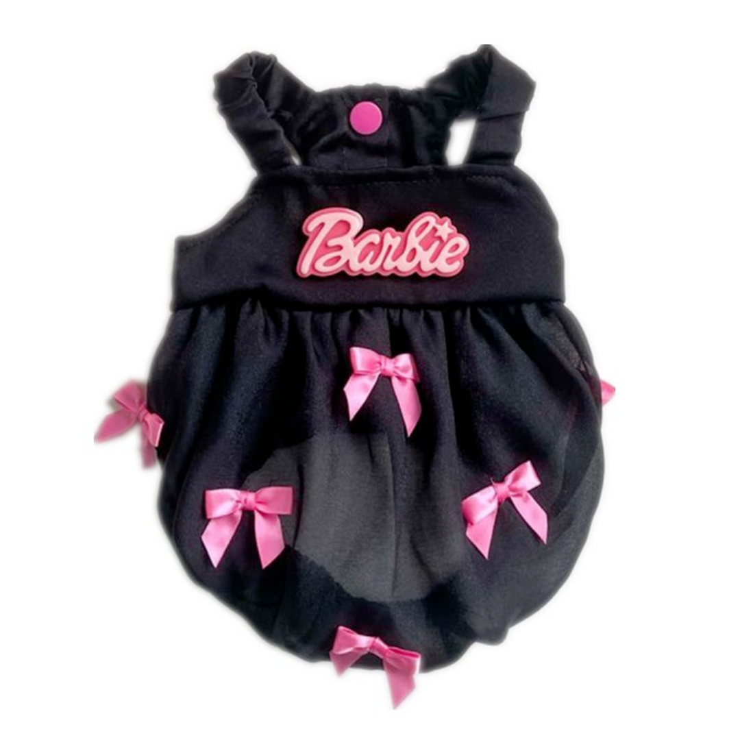 Black sleeveless dog dress with pink Barbie logo and multiple pink bow details