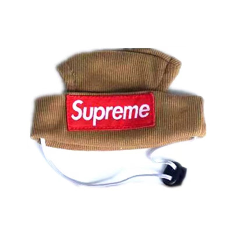 Khaki brown knit dog beanie with red Supreme box logo and white cord