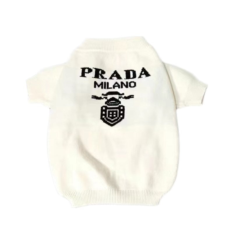 Cream knit dog sweater Prada style with logo emblem detail