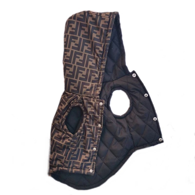 Brown and tan FF monogram quilted dog vest with snap closures inspired by Fendi