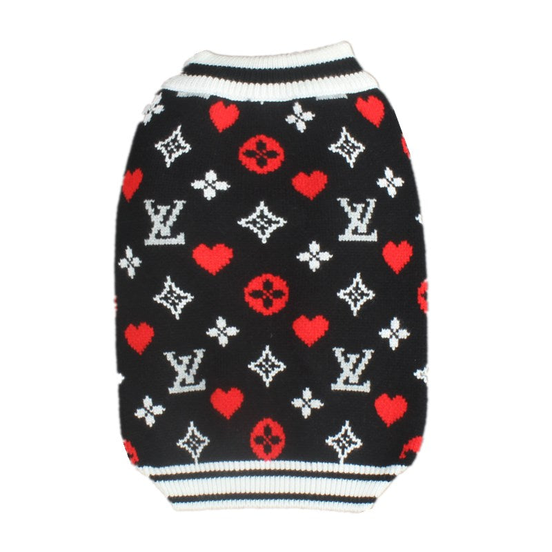 Black V monogram dog sweater with hearts flat lay Louis Vuitton style pattern