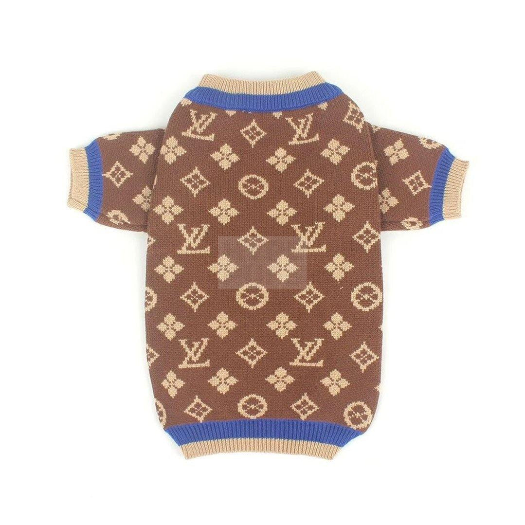 Brown monogram dog sweater with blue colorblock trim Louis Vuitton inspired flat lay