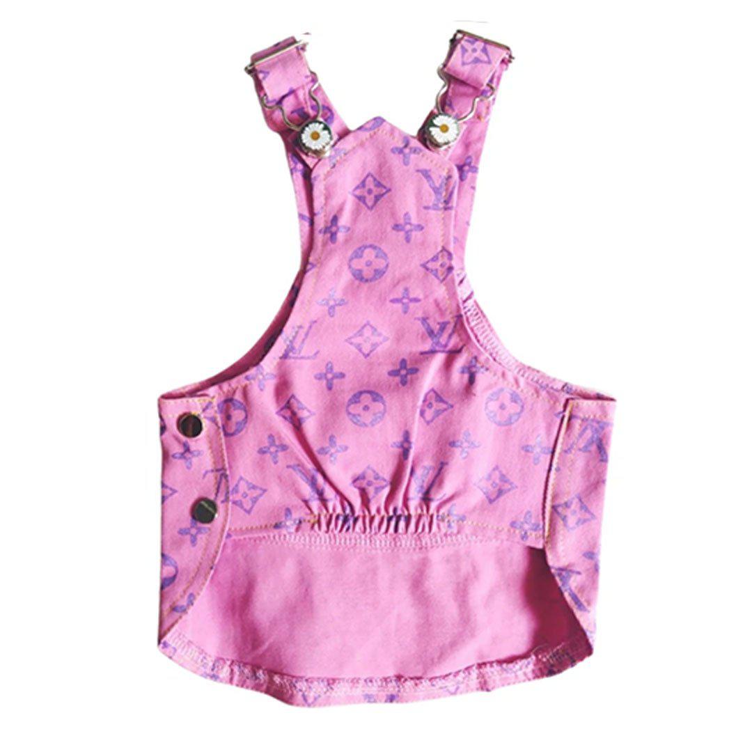 Purple monogram dog overalls with cross-back straps inspired by Louis Vuitton on white background