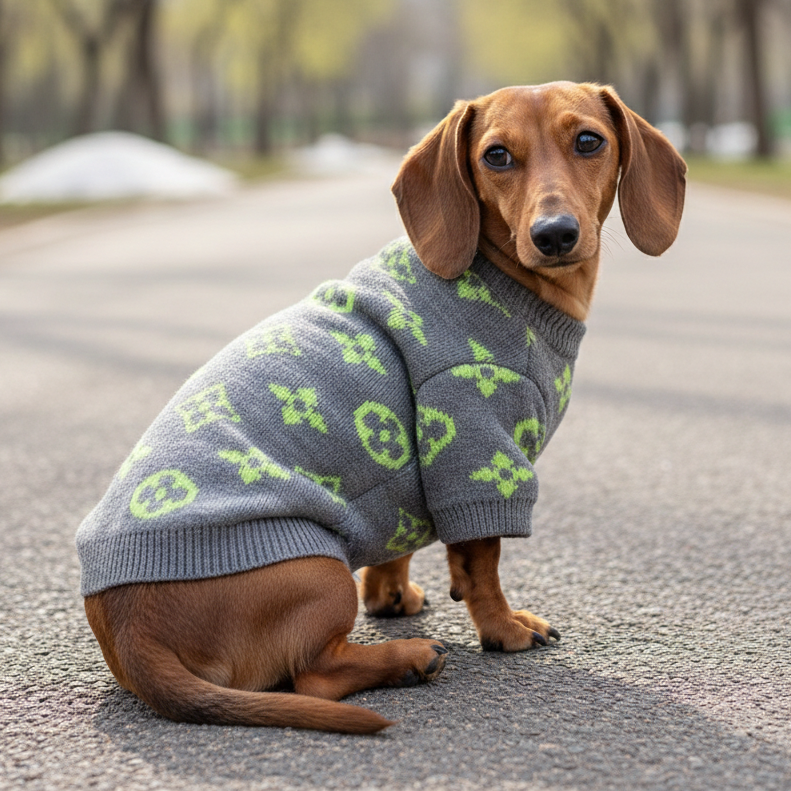 Dachshund wearing a gray Louis Vuitton sweater with green patterns sitting on a road.