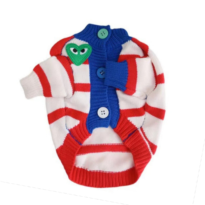 Red and white striped dog cardigan with green heart logo and blue button placket