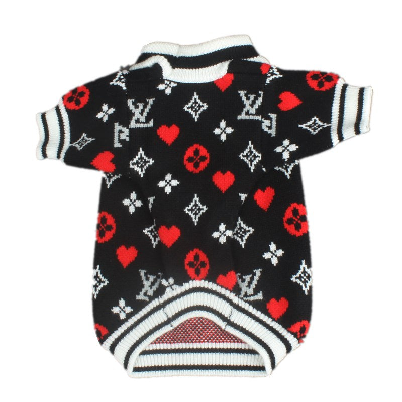 Black knit dog sweater with white V monogram and red hearts Louis Vuitton inspired