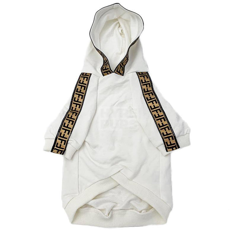 White cotton dog hoodie with brown and gold FF monogram trim on sleeves and hood inspired by Fendi
