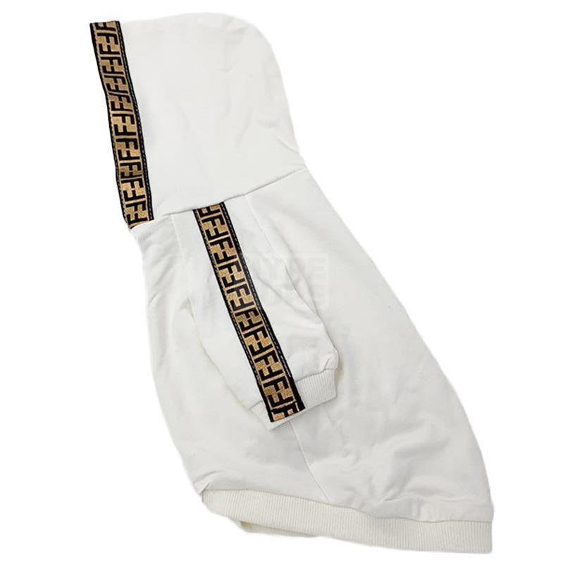 Side view of white dog hoodie showing FF monogram stripe detail along sleeves and kangaroo pocket