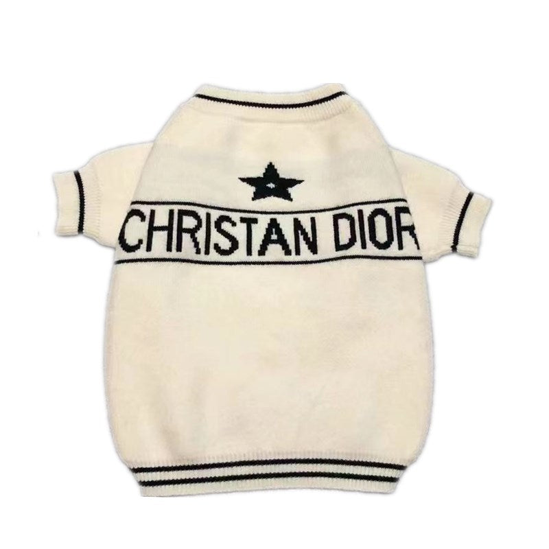 Cream knit dog sweater with black Christan Dior text and star logo Dior inspired
