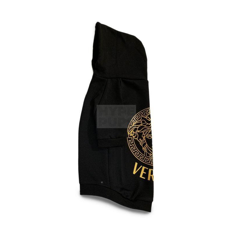 Side view black dog hoodie with gold baroque Medusa print and adjustable hood