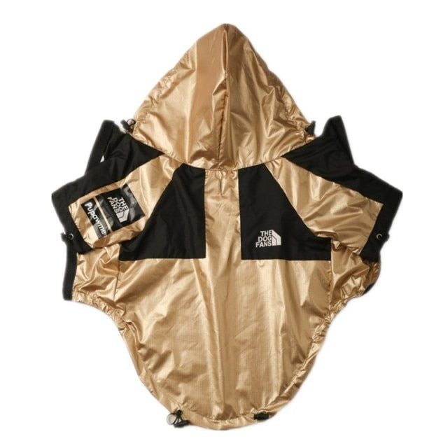 Gold and black colorblock dog windbreaker with Pupreme x TDF logos inspired by Supreme North Face collaboration