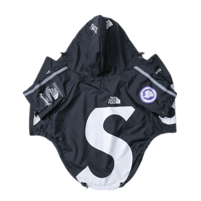 Black dog windbreaker flat lay with oversized white S logo Supreme x North Face collaboration style