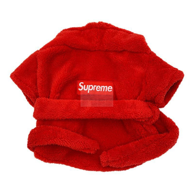 Red plush dog bathrobe with Supreme box logo on back panel and hood
