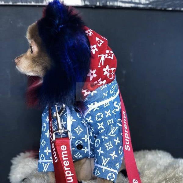 Pupreme x Chewy V Denim Button-Up Hype Pups designer dog clothes.