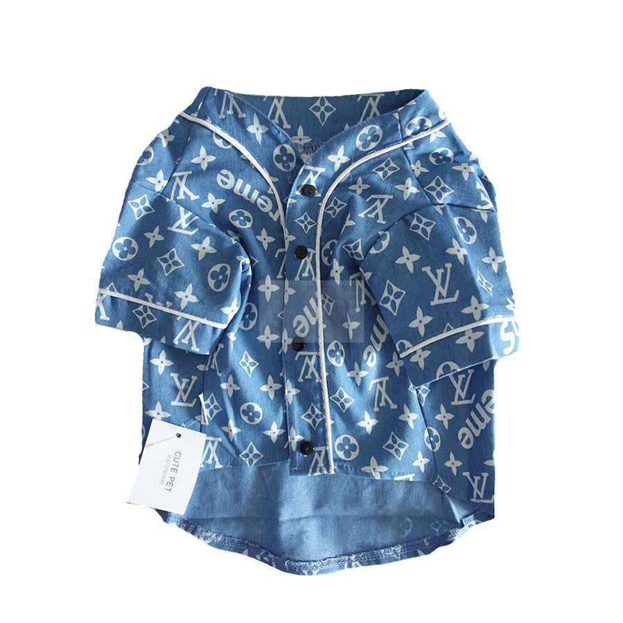 Blue denim dog shirt with Louis Vuitton monogram print Supreme collaboration style