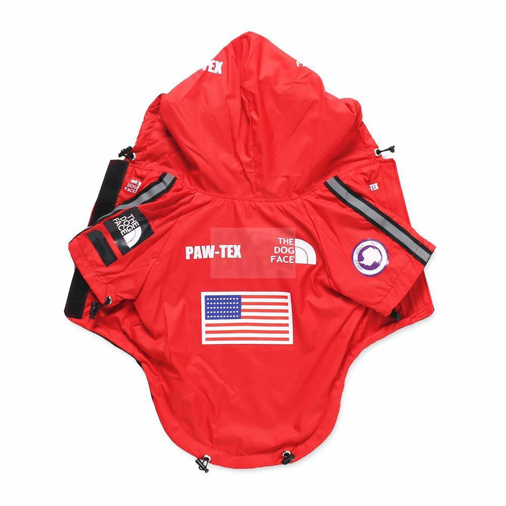 Red technical dog windbreaker Supreme North Face style with Paw-Tex patches and American flag detail