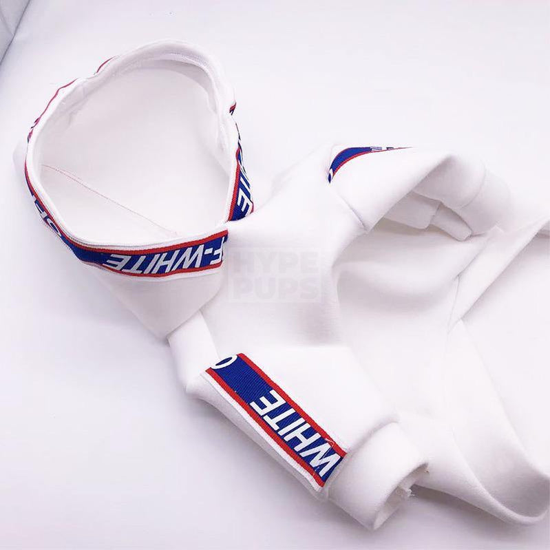 Woof-White Blue Trim Hoodie Hype Pups designer dog clothes.