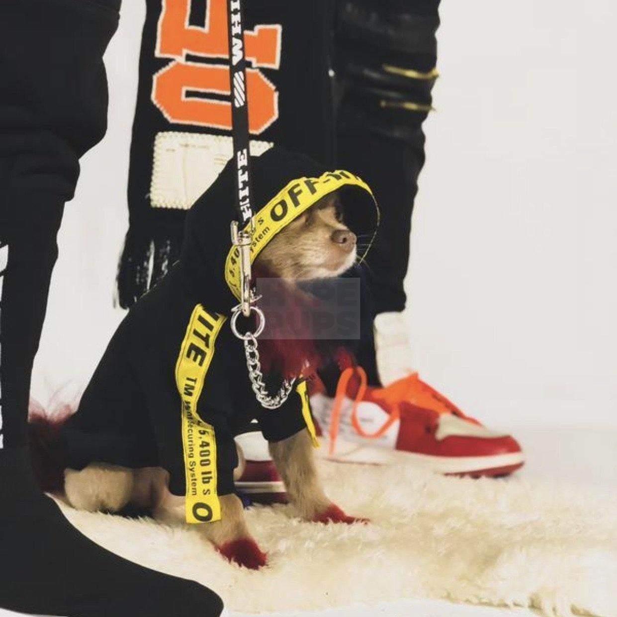 Woof-White Industrial Logo Hoodie Hype Pups designer dog clothes.